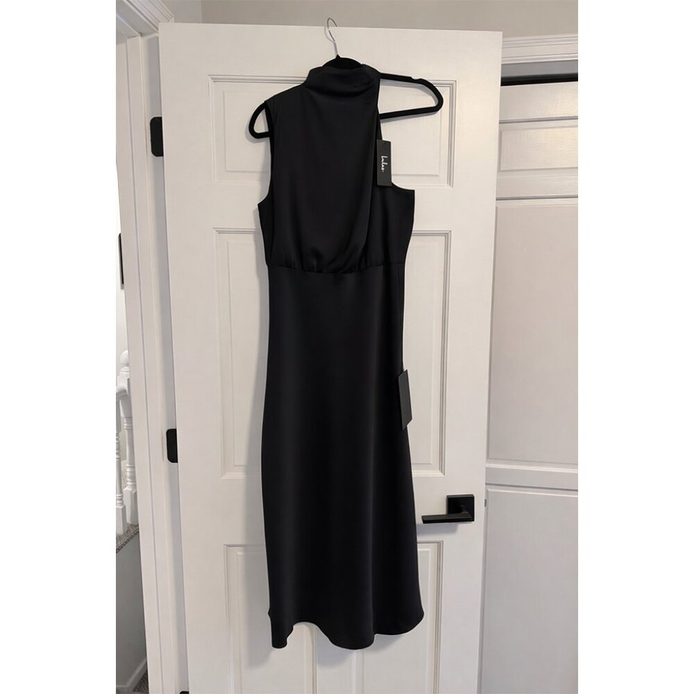 Lulus Black Satin Asymmetrical Midi Dress - Size M